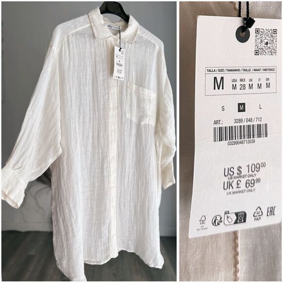 RRP $109 ZARA LONG LINEN SHIRT ZW COLLECTION ECRU OVERSIZED RUNS BIG NWT M L - Picture 1 of 3